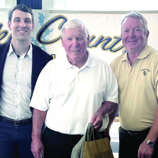 (L to R): Bob Harris, Georgia Tech Associate Athletics Director Bret Hardin, former Georgia Tech head football coach George O’Leary, Bob Nash, and Larry Wylie. CONTRIBUTED