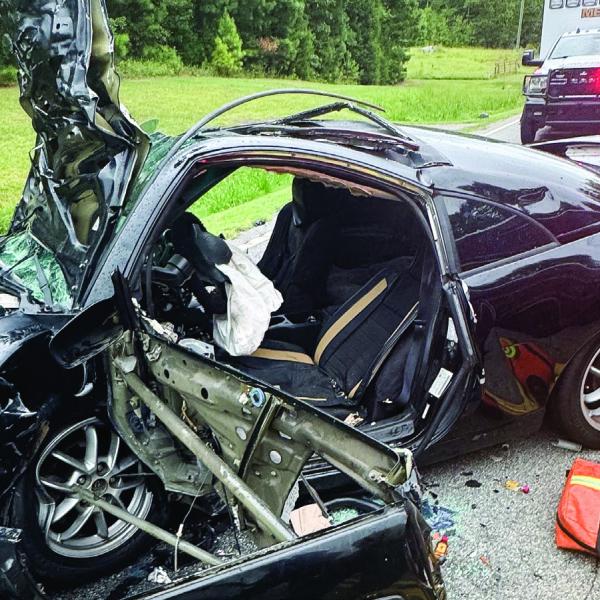 Three Eatonton men remain hospitalized in serious and critical condition from injuries sustained in a head-on collision that involved this Mitsubishi Eclipse and Toyota Corolla Saturday. CONTRIBUTED/PCSO