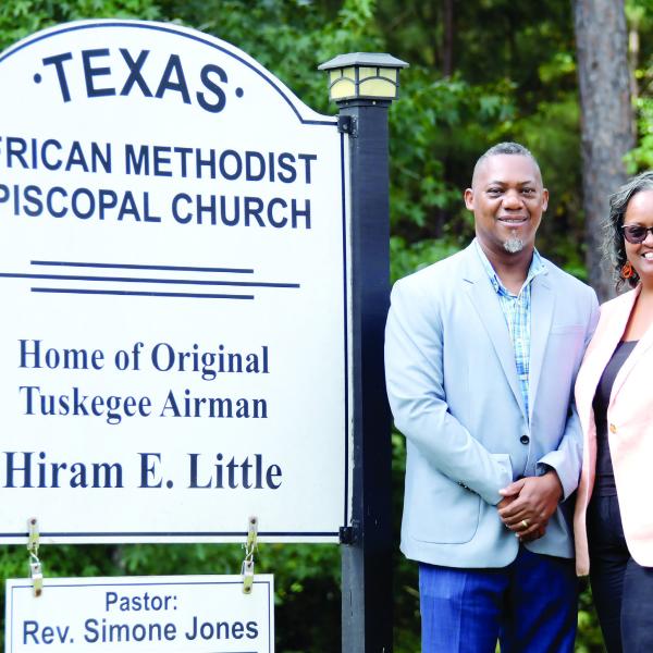 Grady and Simone Jones, pastor at Texas AME Church, were instrumental in helping make the soon-tobe revealed bronze statue of Tuskegee Airman Hiram Little a reality for Eatonton. An open-to-the-public unveiling ceremony is scheduled for 11 a.m. Sept. 30 at the Veterans Wall of Honor Park alongside East Marion Street, near The Hut in downtown Eatonton. IAN TOCHER/Staff