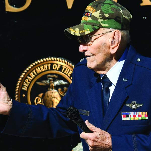 Retired U.S. Air Force Lt. Col. Billy Hargrove, a WWII and Vietnam veteran, gave an often lighthearted but poignant address to a receptive crowd on Tuesday at the Veterans Wall of Honor Park in Eatonton. IAN TOCHER/Staff
