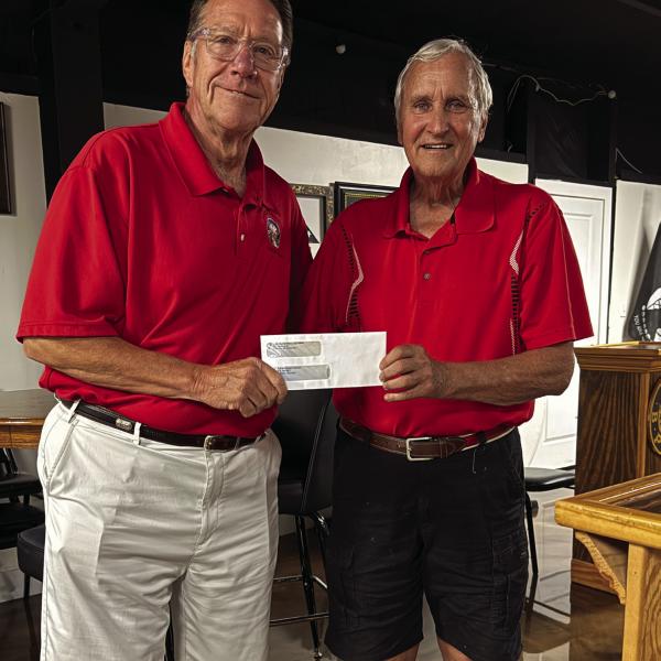 On Aug. 18, Lake Oconee Elks Lodge President Chuck Brake (left) presented a $3,500 check to Putnam Christian Outreach Director Rex Corlett for PCO’s use to help feed local citizens. CONTRIBUTED