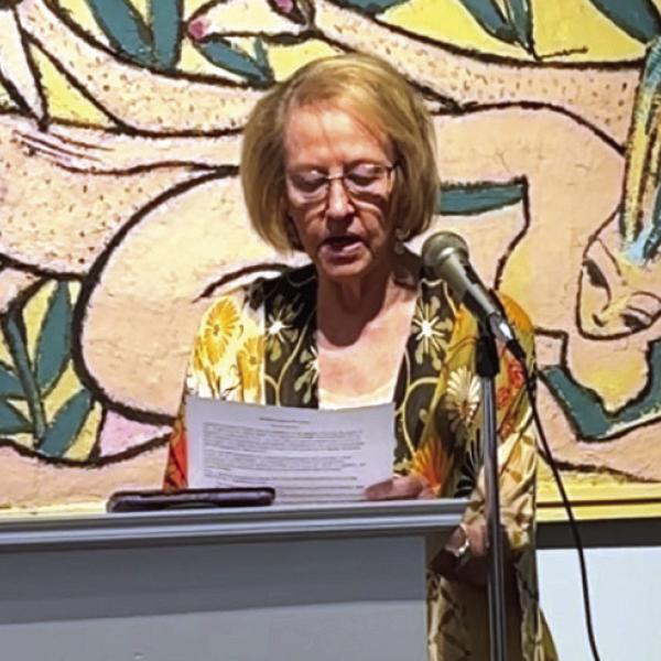 Lisa Conner speaks at the Steffen Thomas Museum of Art’s annual meeting. CONTRIBUTED