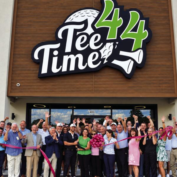 The ribbon falls to officially open Tee Time 44 last Thursday, a new electronic golf training and bar/restaurant for gourmet-seeking golf enthusiasts.