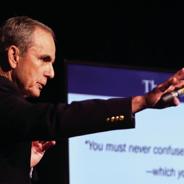 Part history teacher and part motivational life coach, U.S. Air Force Col. (ret.) Lee Ellis kept his audience enthralled with remarkable tales of courage, perseverance, and hope surrounding his more than five years in a Vietnamese POW facility. IAN TOCHER/Staff