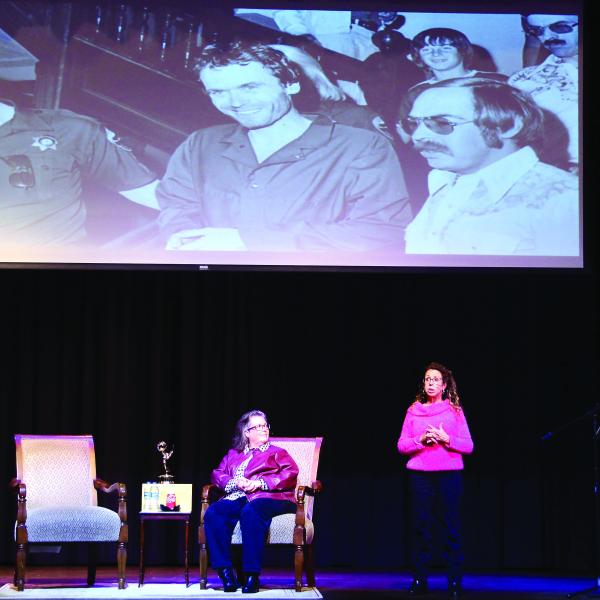 Joined onstage at The Plaza by Sheryl McCollum (seated), founder and director of the Cold Case Investigative Research Institute and emcee for the evening, serial killer survivor Kathy Kleiner-Rubin gave a moving, occasionally disturbing, and always revealing presentation Jan. 12-13 at The Plaza Arts Center in Eatonton. IAN TOCHER/Staff