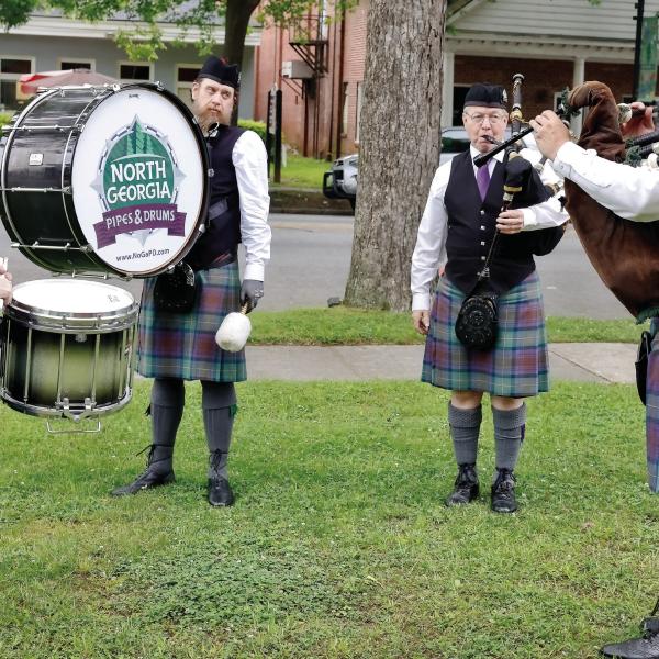 The North Georgia Pipes and Drums play for the Scottish Heritage Sunday. LEIGH LOFGREN/Staff