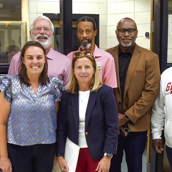 L-R: City Attorney Chris Huskins, City Clerk Maria Jiminez, Wards 1&amp;4 Councilor Marie Rainey, Mayor Pro-Tem Chip Walker, Ward 4 Councilor Teresa Doster, Ward 2 Councilor James Gorley, Wards 2&amp;3 Councilor Michael Smith, Ward 3 Councilor Fred Lowe, City Administrator Gary Sanders, and Ward 1 Councilor Mylle Mangum had the honor of holding the first official meeting in Eatonton’s new city hall last Tuesday evening. IAN TOCHER/Staff
