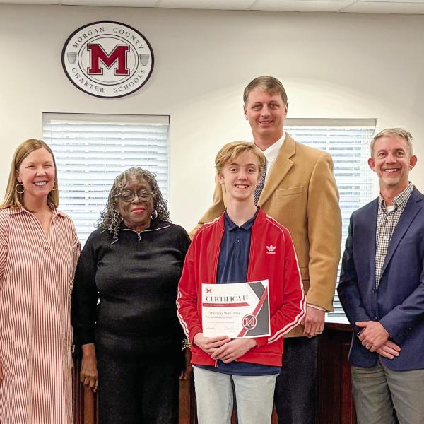 Morgan County Middle School eighth grader Emerson Williams was recognized at the recent Board of Education meeting, after winning first place in the 2026 District Spelling Bee. SKYLA MORRIS/Staff