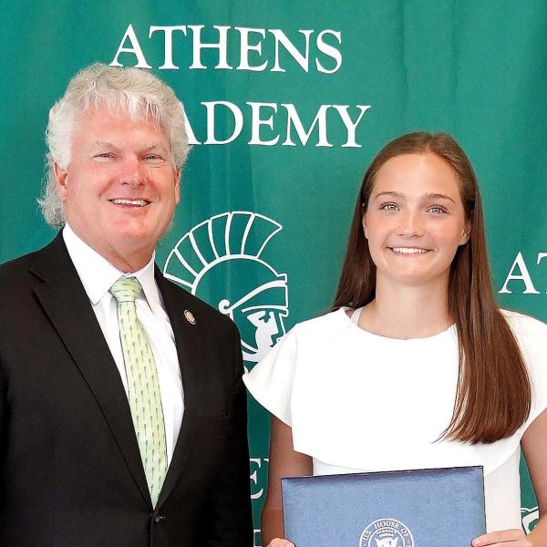 Rep. Mike Collins (GA-10) visited Athens Academy April 21 to celebrate Brinkley Williams’ appointment to the U.S. Naval Academy. CONTRIBUTED