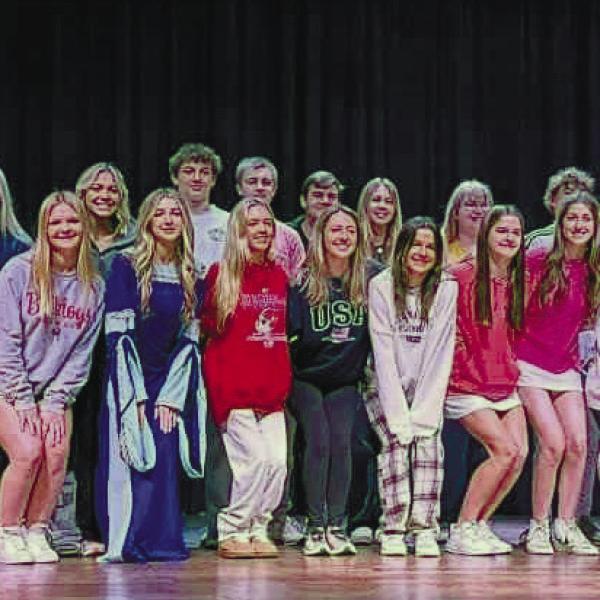 Gatewood music and drama teacher Beth Mappes (far left) joined Gatewood students on The Plaza Arts Center stage Nov.1 after their One Act performance. CANDI MORENO/Contributed