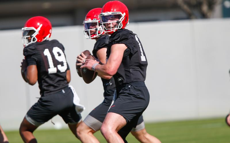 Georgia wide receiver Tyler Williams hauls in a pass. LANCE MCCURLEY/Staff
