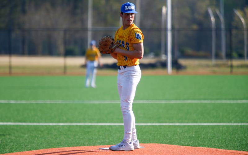 LOA’s Dylan Hiter (5) on the mound against Greene County on March 24. LANCE McCURLEY/Staff