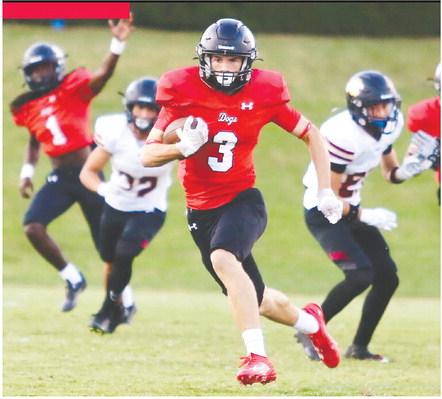 Dallas Dickerson (3) races toward the end zone in Morgan County’s 26-14 win over Hebron Christian last Friday. JIM TURNER/Contributed