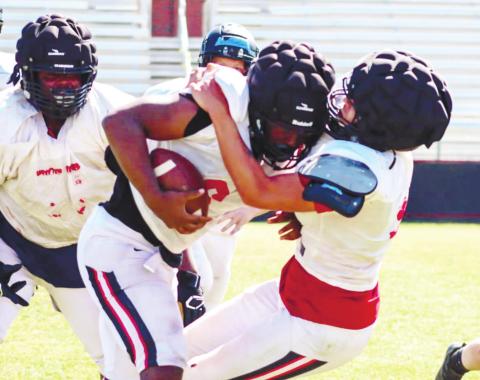 Bulldogs’ running back Jayden Dorsey makes contact with a defender, powering through him during practice. LANCE McCURLEY/Staff