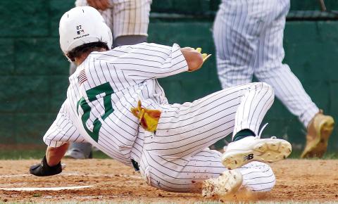 Jackson Hewatt (27) reaches for home plate to score for Gatewood against Westwood last Friday evening. (TREY NORRIS/Staff)