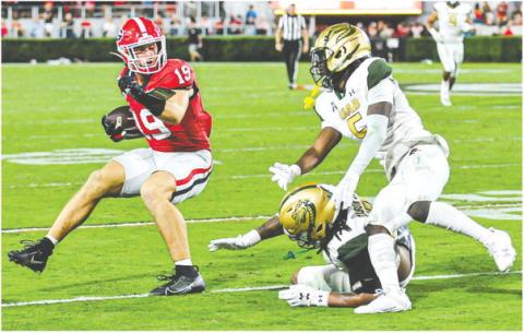 Georgia tight end Brock Bowers leads the team in receptions and receiving yards after Saturday’s win over UAB. CHARLES JORDAN/Contributed