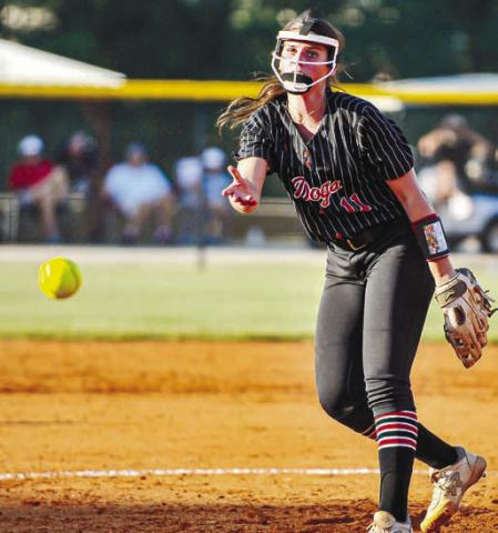 Ryleigh Hilsman (11) delivers a strike from the circle in last Monday's game against Harlem. LANCE MCCURLEY/Staff