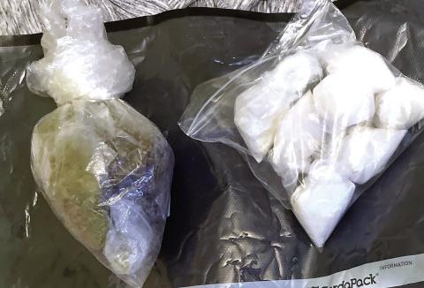 A half-pound each of marijuana and methamphetamine along with some scales were seized from a house on Sparta Highway, where almost a dozen chained dogs also were found. CONTRIBUTED/PCSO