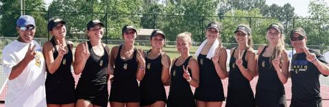 The Lake Oconee Academy girls tennis team poses for a photo after defeating Miller County 3-2 on May 8 to advance to the GHSA Class A Division II state championship match. CONTRIBUTED
