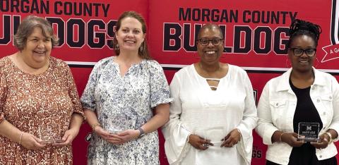 The Morgan County Board of Education recognized its 2025 Support Persons of the Year during its May 12 meeting, including (l-r) Morgan County High School’s Sheryl Carr, Morgan County Middle School’s Kelly Whitlock, Morgan County Elementary School’s Earleen Foster, and Morgan County Primary School’s Melba Williams. HANNAH BARRON/Staff