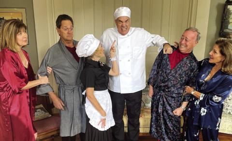 L-R: Michele Saarela, Lou Benjamin, Beth Mappes, Art Shutt, Michael Homeier, and Dianne Shinneman carry the entire acting load in PAPA’s production of “Don’t Dress for Dinner” later this month at The Plaza Arts Center in Eatonton. CONTRIBUTED