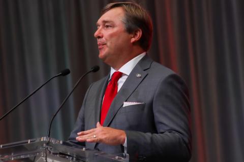 Georgia head coach Kirby Smart speaks at the main stage podium on Wednesday at SEC Media Days. STAFF/Brendan Koerner