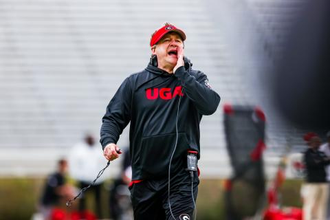 Kirby Smart during Georgia’s practice session on Dooley Field at Sanford Stadium in Athens, Ga., on Saturday, April 9, 2022. (Photo by Tony Walsh)