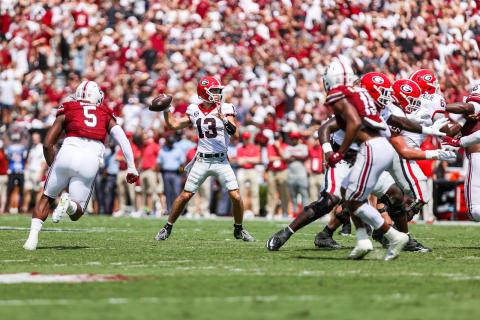 Georgia quarterback Stetson Bennett (13) during a game against South Carolina at Williams-Brice Stadium in Columbia, S.C., on Saturday, Sept. 17, 2022. (Photo by Tony Walsh)