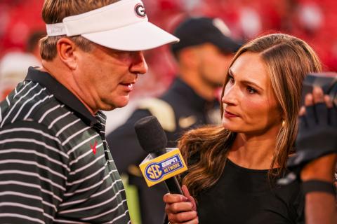 SEC Network reporter Alyssa Lang during a game against Vanderbilt on Dooley Field at Sanford Stadium in Athens, Ga., on Saturday, Oct. 15, 2022. (Photo by Tony Walsh)
