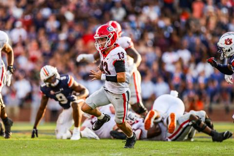 Georgia quarterback Stetson Bennett (13) during a game against Auburn at the Jordan-Hare Stadium in Auburn, AL., on Saturday, Oct. 9, 2021. (Photo by Mackenzie Miles)