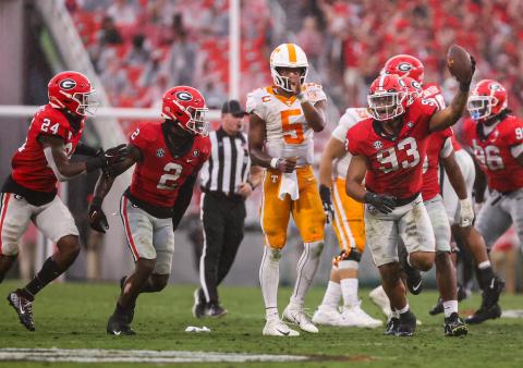 Georgia defensive lineman Tyrion Ingram-Dawkins (93) celebrates after picking up a fumble against Tennessee. TONY WALSH/UGA Athletics