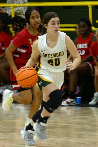 Gatewood junior Eliana Tkacik (20) pushes the ball up court in a game earlier this season. IAN TOCHER/Staff
