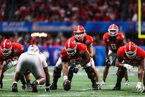 Georgia quarterback Stetson Bennett (13) during the 2022 Peach Bowl Game at Mercedes-Benz Stadium in Atlanta, Ga., on Saturday, Dec. 31, 2022. (Photo by Kayla Renie)