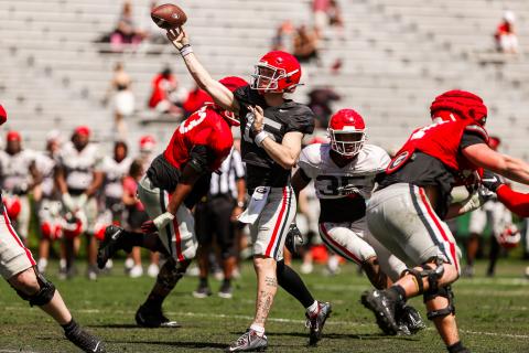 Georgia quarterback Carson Beck (15) during Georgia’s spring practice on Dooley Field at Sanford Stadium in Athens, Ga., on Saturday, April 1, 2023. (Tony Walsh/UGAAA)