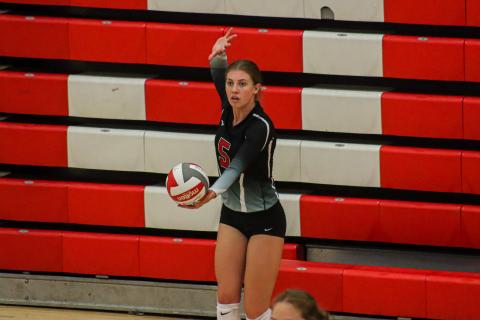 Haedyn Crumbley gets set to serve a ball in a region match against ARC last season. LANCE MCCURLEY/Staff