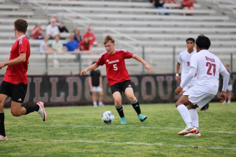 Morgan County sophomore striker Korbin Hegwood (5) scored a hat trick in an 8-1 win over Dougherty last Wednesday. (WILL MORRISON/Staff)