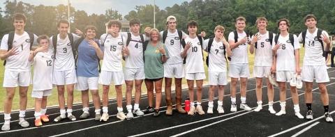 The 2024 Gatewood Gators soccer team includes (l-r): Adam Harvey, Grayson Lattimore, Caleb Harvey, Parker Holle, Bodie Corry, Colt Jenkins, coach Cindy Gregory, Gage Rainey, Jayden Daniel, Charlie Randolph, Luke McNeil, Blake Callaway, JT Gregory, and John Van de Planque. (CONTRIBUTED)