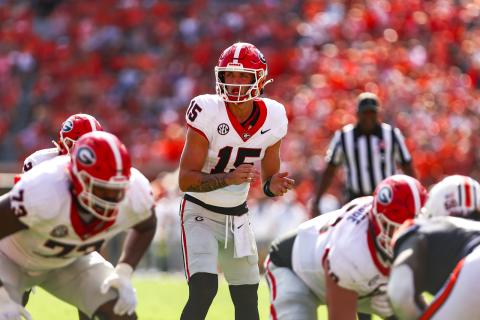 Georgia quarterback Carson Beck (15) during Georgia’s game against Auburn on Pat Dye Field at Jordan-Hare Stadium in Auburn, Ala., on Saturday, Sept. 30, 2023. (Tony Walsh/UGAAA)