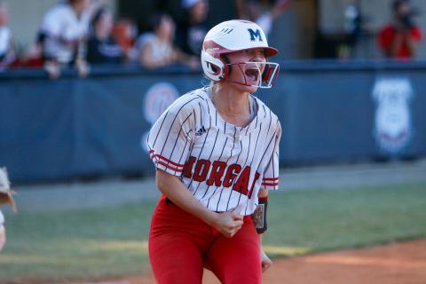 A Morgan County player celebrates after scoring the go-ahead during game three of the series against Lakeview-Fort Oglethorpe last Tuesday. LANCE MCCURLEY/Staff