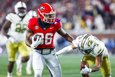 Georgia wide receiver Dillon Bell (86) during Georgia’s game against Georgia Tech at Bobby Dodd Stadium in Atlanta, Ga., on Saturday, Nov. 25, 2023. (Tony Walsh/UGAAA)