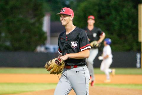 Morgan County junior Davis Strickland walks off the mound after recording the last out in a 14-7 win over Oconee County in Watkinsville on April 17. LANCE MCCURLEY/Staff