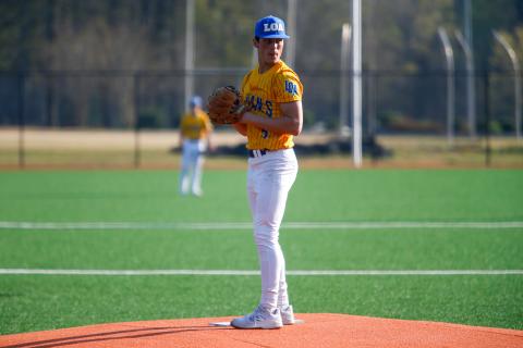 LOA’s Dylan Hiter (5) on the mound against Greene County on March 24. LANCE McCURLEY/Staff