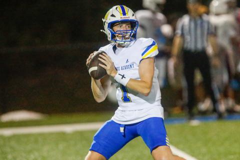 Lake Oconee Academy junior quarterback Jake McDonald drops back to pass during a scrimmage against The Walker School on Aug. 7. McDonald completed 8 of 10 passes for 92 yards and rushed for a 1-yard touchdown in the Titans’ win over Greenville last Friday. LANCE MCCURLEY/Staff