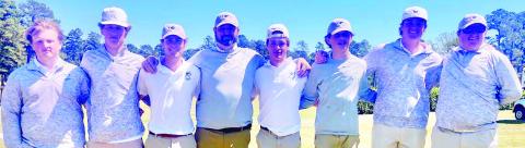 The 2024 Gators’ golf team includes (l-r) Mikey Padula, Lawson Wooten, Sean Harvey, coach Doug Price, Ames Johnson, Lathan Hillin, Gavin Gignilliat, and Colton Painter. CONTRIBUTED