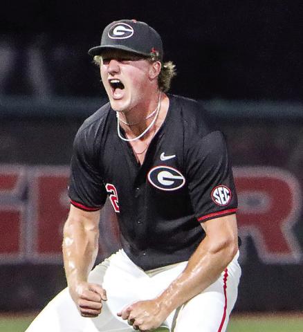 Georgia pitcher Leighton Finley celebrates after the final out is recorded against Georgia Tech on Sunday night. LANCE McCURLEY/Staff