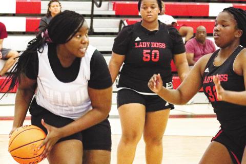 Rising sophomore Kayla Sigman tries to find a guard after grabbing a defensive rebound against Morgan County. LANCE McCURLEY/Staff