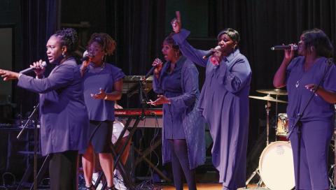 The Sisters of Faith, out of Griffin, opened the second half of Saturday night’s Mothers Against Crime Gospel and Praise Concert at Putnam County Middle School’s Little Theater in Eatonton. IAN TOCHER/Staff