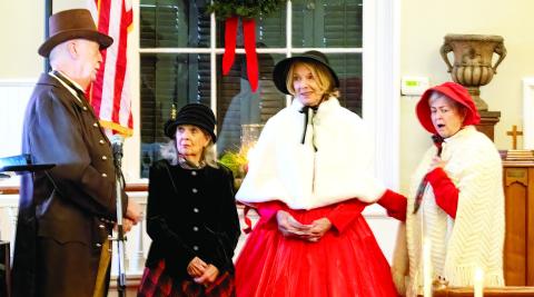 Londoners Verley Dotson, Joan Stevens, and Gail Kavanaugh perform in “Christmas, Bah Humbug No More!” last Wednesday at First Presbyterian Church in Greensboro. LEIGH LOFGREN/Staff