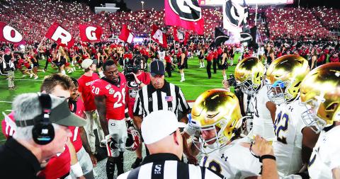 UGA leads the series with Notre Dame 3-0. The Bulldogs most recently defeated the Fighting Irish 23-17 at Sanford Stadium in 2019. COURTESY OF UGA ATHLETICS