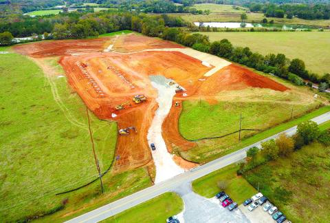 A drone photo shows site work in the beginning phases for Frey-Moss Structures, which is expected to build a 100,000-square-foot facility. MARK ENGEL/Staff